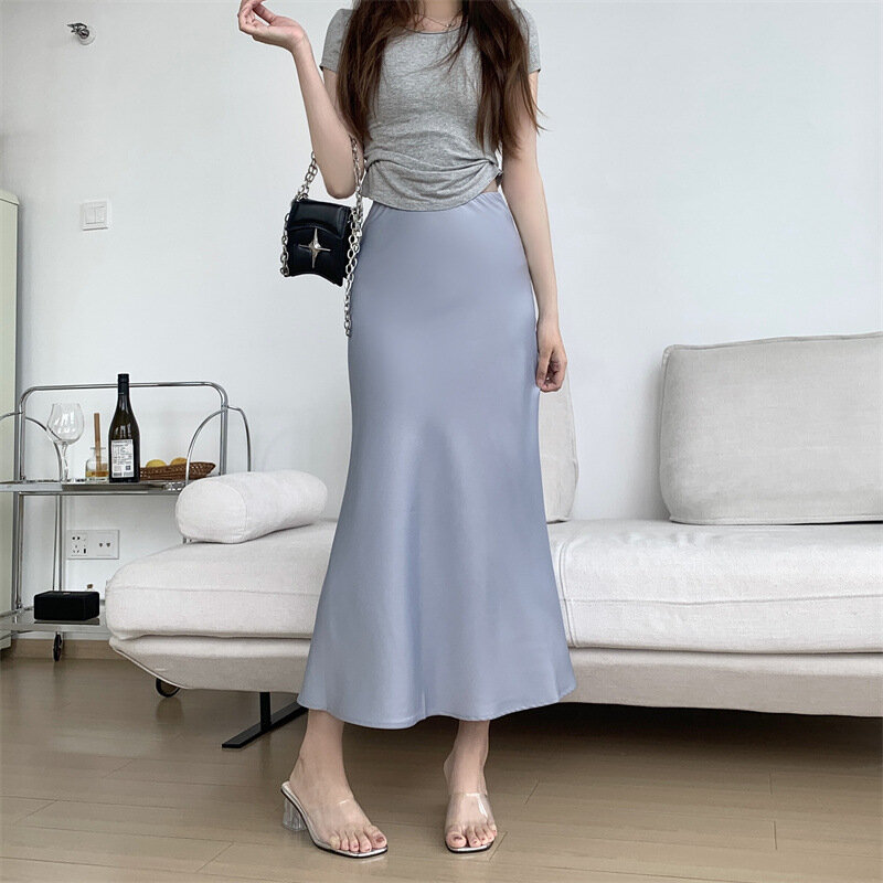 Spring/Autumn Slim Solid Color Satin Tailored Pencil Skirt with High Waist