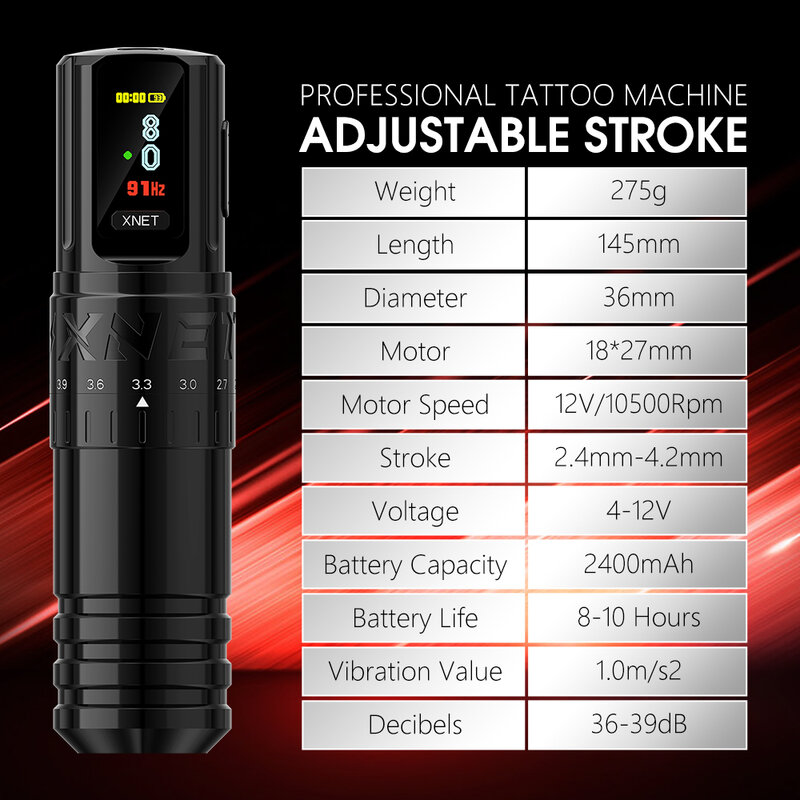 Профессиональная беспроводная тату-машинка XNET Vipera с регулируемым ходом, 2,4-4,2 мм OLED дисплей, аккумулятор 2400 мАч для тату-мастеров