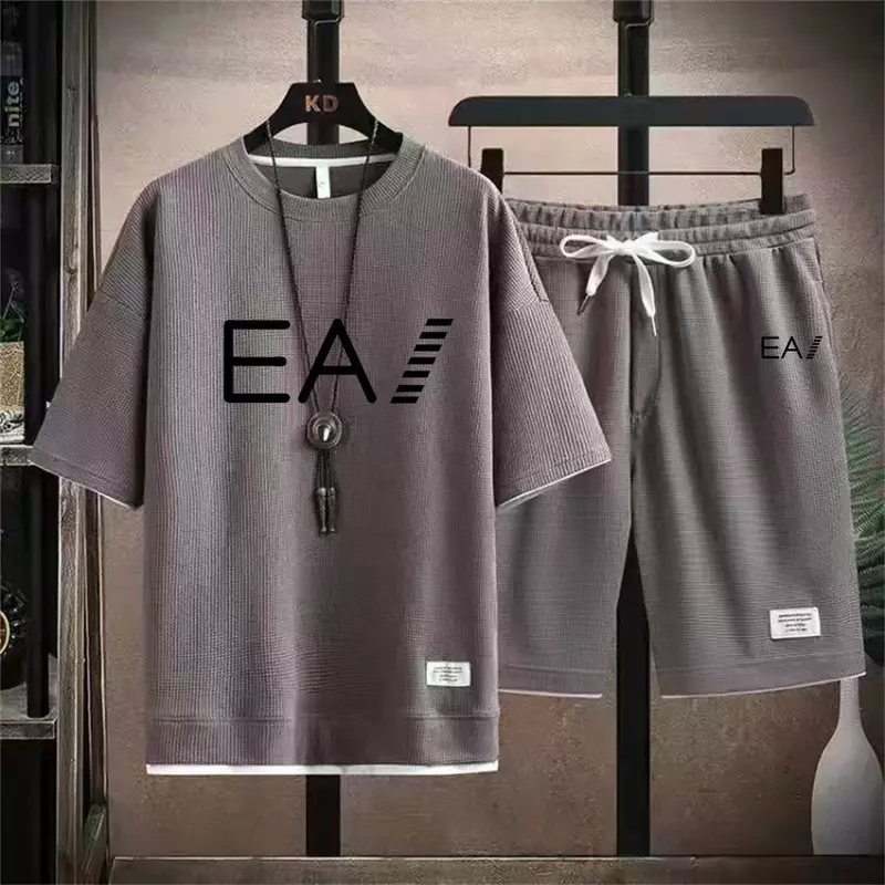 2024 man Men's New Summer Breathable Set, Round Neck Short Sleeved+two-piece Set Of 5/4 Shorts, With The Letters Ea1 Printed