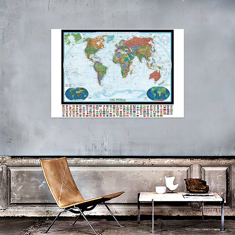 교육용 세계 육지 커버 및 지형 부직포 지도, 국가 국기 포함, 세계 물리적 지도, 150x100cm