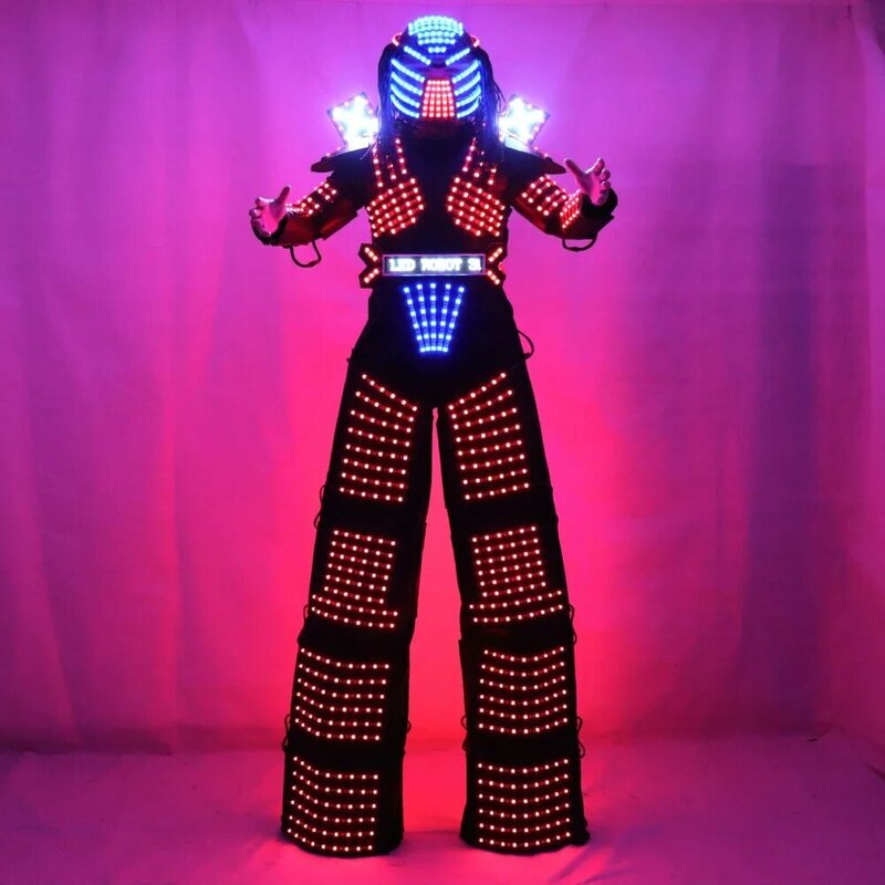 Costume de robot prédateur à LED, tenue de rave, olympiques Shoous, blanc, argent, miroir, échasses, casque de marcheur, gants laser, odorCO2, machine à jet
