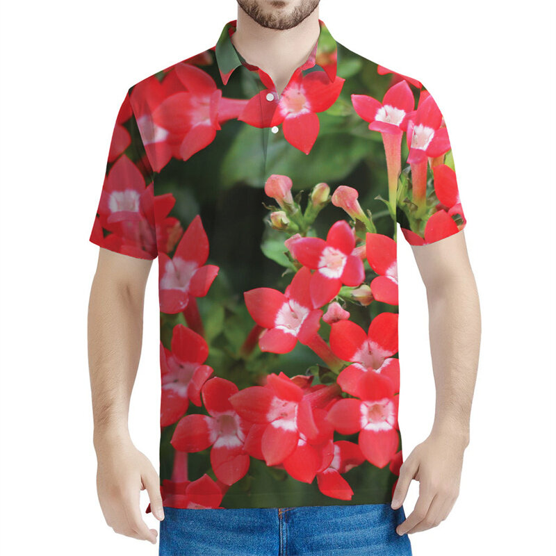 Bouvardia 식물 폴로 셔츠 남녀공용, 3D 프린트 꽃 그래픽 반팔, 캐주얼 스트리트 폴로 셔츠, 오버사이즈 티, 여름