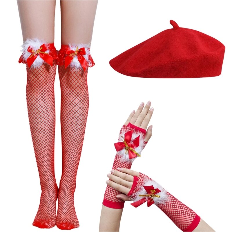 Felt Christmas Hat with Mesh Stocking Gloves Adult Students Cosplay Set