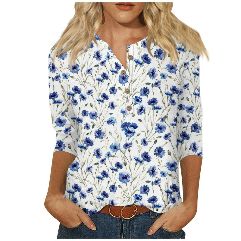 T-Shirt Elegant Fashion Plant Printed Women Blouse Shirt V-Neck Button Summer 3/4 Sleeves Women Shirts Graphic Футболка Женская