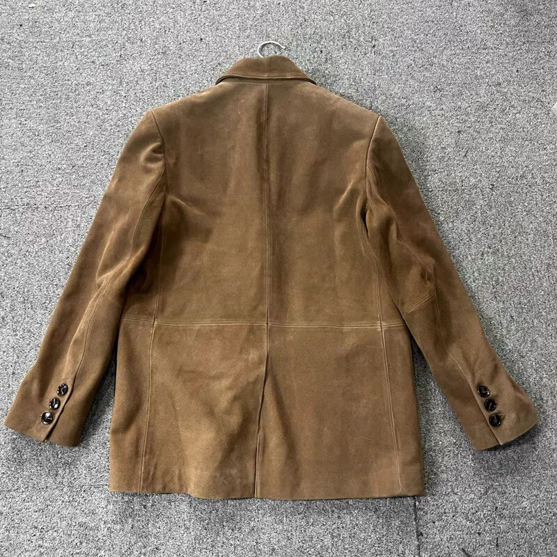 Jaket kulit Suede Nubuck Retro mantel setelan wanita kulit sapi asli musim gugur musim dingin 2024 jaket Vintage ukuran besar