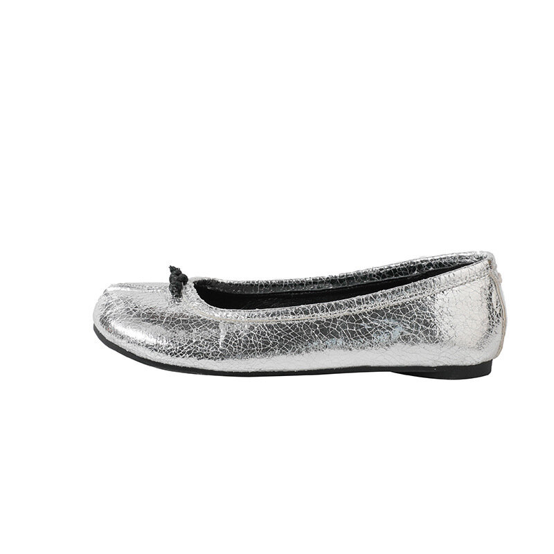 Zapatos planos de cuero con punta dividida para mujer, zapatos planos Janes Mary, cómodos, con cinturón en el tobillo, color plateado y negro