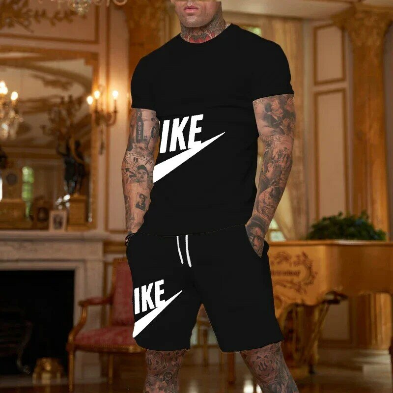 Модный мужской повседневный спортивный костюм с коротким рукавом, комплект из двух предметов, футболка и брюки, Мужская одежда, летняя мода