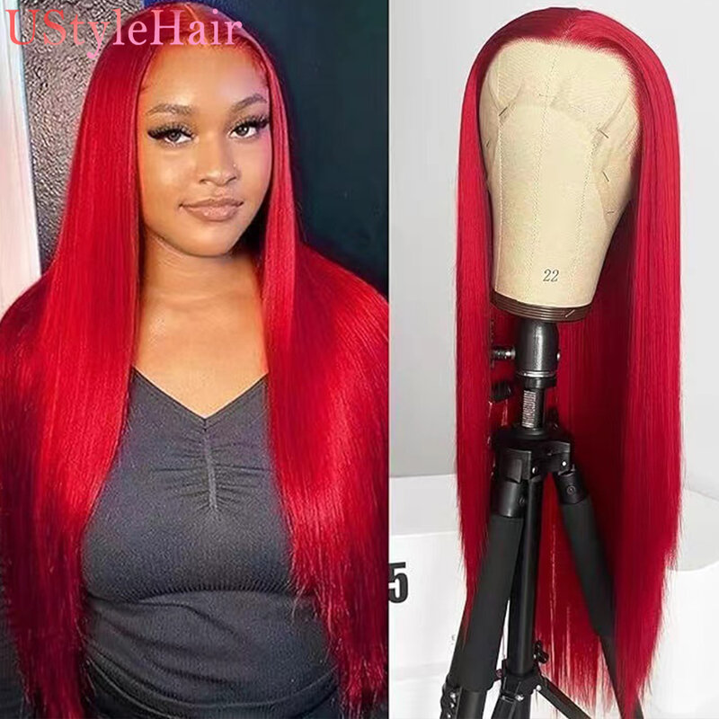 Gorące czerwone długi jedwabisty peruka z prostymi włosami bezklejowe koronkowa peruka na przód dla kobiet codziennie używane włosy syntetyczne koronka z przodu peruka Cosplay