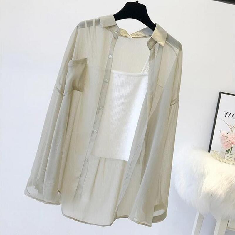 Sun Resistant Chiffon Shirt Women's Thin Anti-uv Long Sleeves Beach Cover-up Solid Color Loose Soft Casual Lapel Spring for Sun