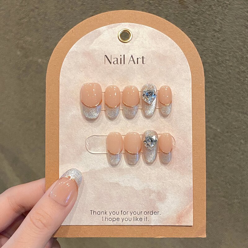 10Pcs Short Handmade Pink Press on Nails Spring French Rhinestone Full Cover Fake Nail Plaid Manicure Wearable Nail Tips Art