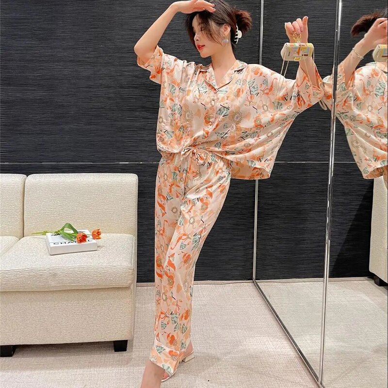 Feminino 2 pçs pijamas terno loungewear impresso pijamas com botões cetim camisa & calças conjunto turn-down colarinho roupa de noite casa