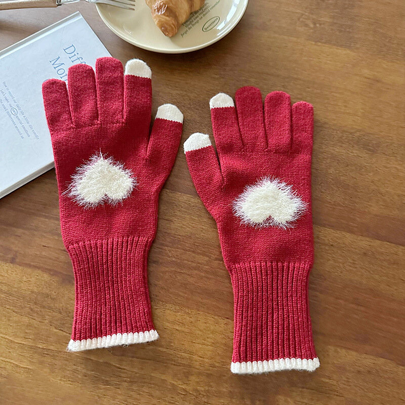 Winter Touchscreen Wool Gloves Cute Plush Warm Riding Gloves Women Kids Fashion Knitted Fluffy Work Winter Gloves 2023 New