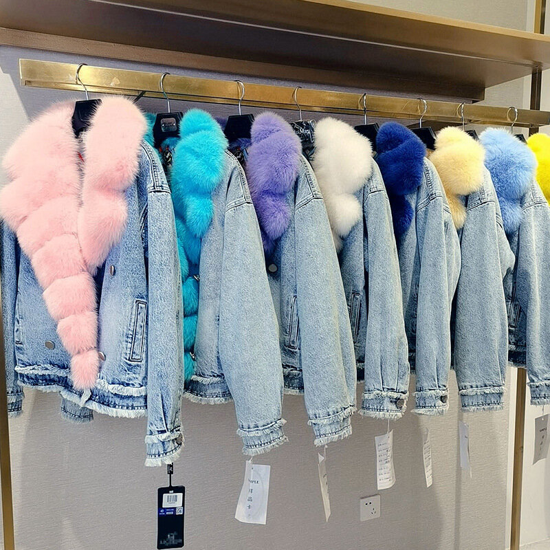 여우털 코트 정장 칼라 데님 재킷 H2 여성용, 신제품 정품 2023 년