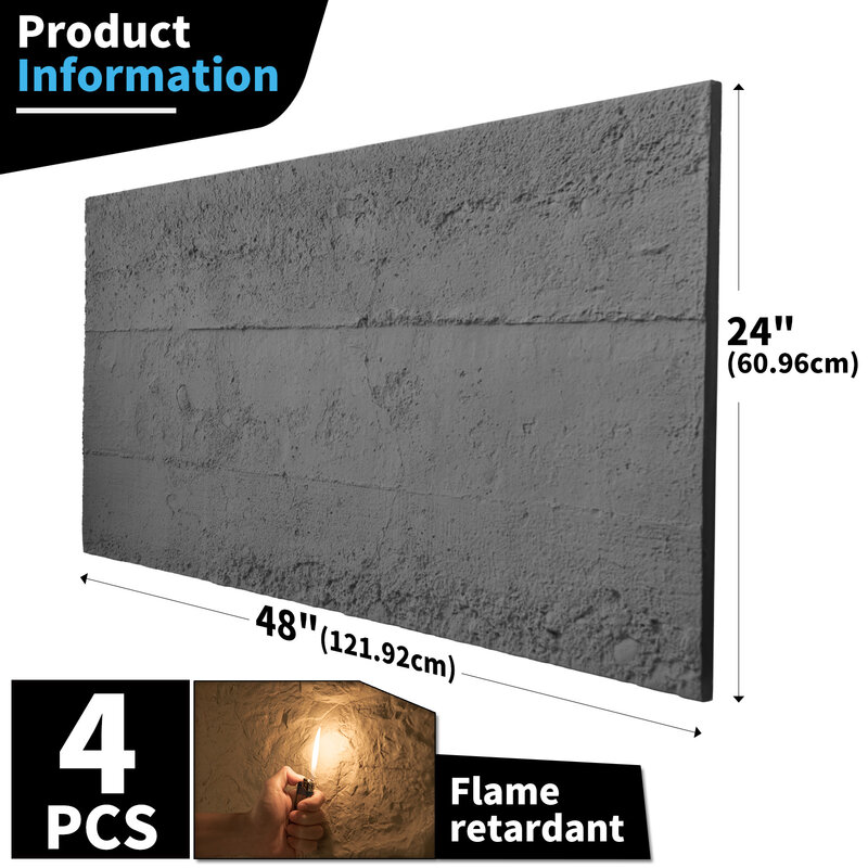 Art3d 4 Stuks Cement Textuur 3d Wandpanelen, Pu Wandpanelen Voor Interieur Interieur, 24X48Inch, Donker Grijs