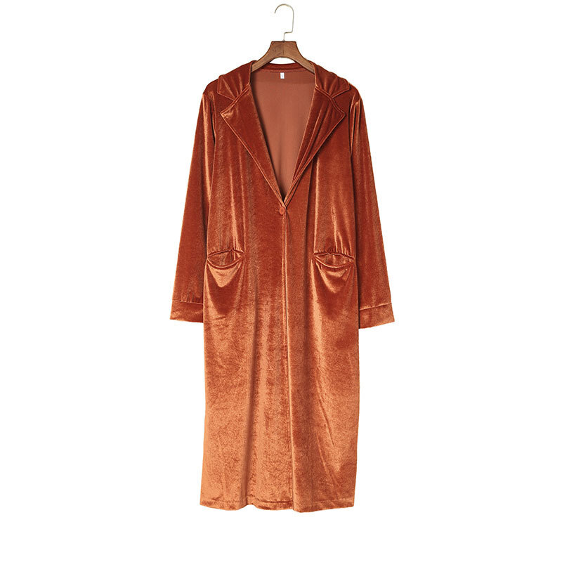 Jaket wanita lengan panjang, mantel perempuan bersaku, lengan panjang, Beludru, warna coklat, 8511092 mewah