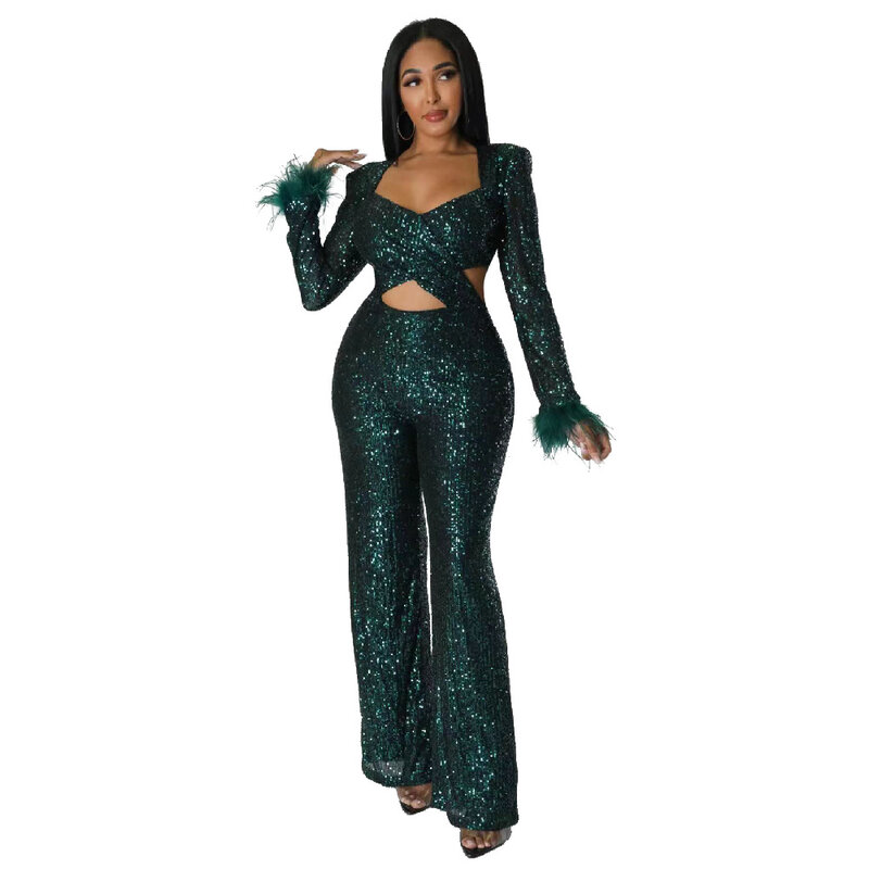 European And American Women's Hot Spring Long Sleeve V-neck Sexy Temperament Tight Waist Straight Party Jumpsuit
