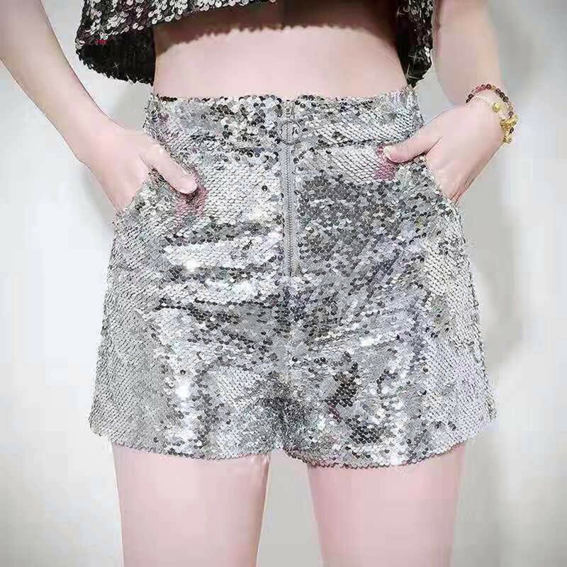 Spring And Summer Female Short Pants With Pocket Women's Casual Fashionable Sequined Elastic High Waist Comfortable Shorts