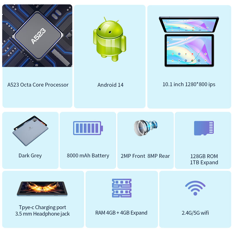 แท็บเล็ต TAB11 Android 14นิ้ว, 10นิ้ว, OCTA-core, 5G WiFi6, 128GB, 8000mAh, จอแสดงผล IPS HD, กล้องคู่, บลูทูธ, FM, Type C