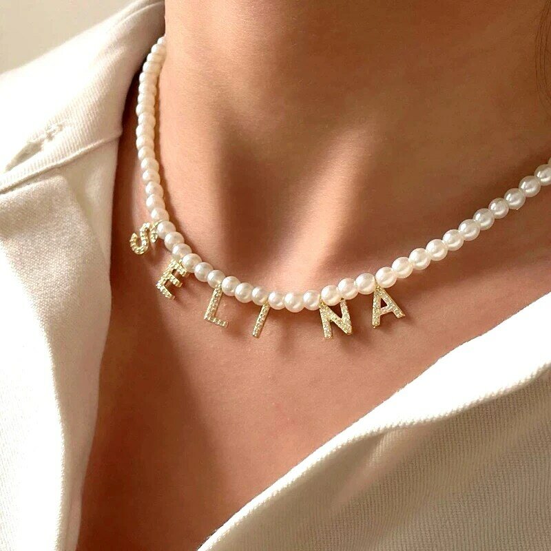 Custom Personalized Diy Name Necklace for Women Initial Letter Pendant Zircon Collares Imitation Pearl Chain Jewelry Wholesale