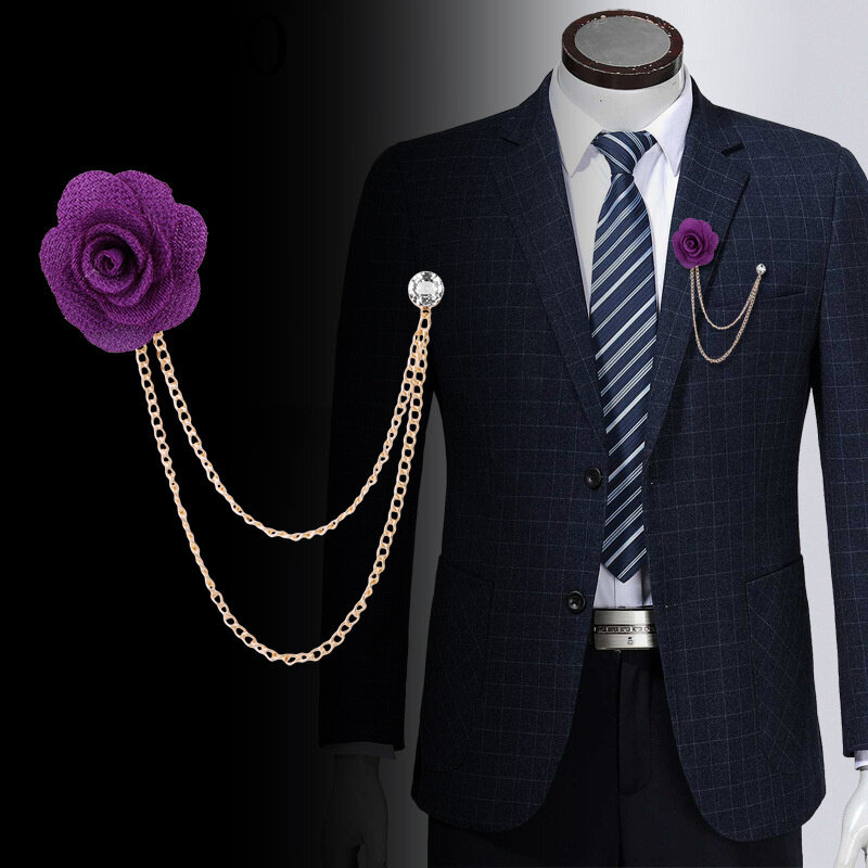 Broches de casamento feitos à mão com corrente suspensa, acessórios de terno masculino, broche com corrente, arte de pano, pino do noivo, flor rosa