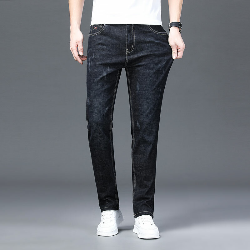 Calça jeans azul estilo clássico masculina, ajuste regular, casual para negócios, calça jeans stretch, calça de marca masculina, lápis, primavera, 2022