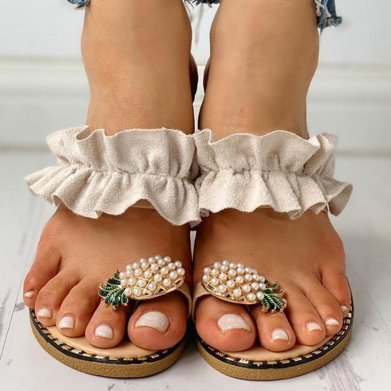2024 New Metal Pineapple Pearl Herringbone Slippers Women's Large Flat Bottom Toe Slippers Solid Color Fashion Versatile