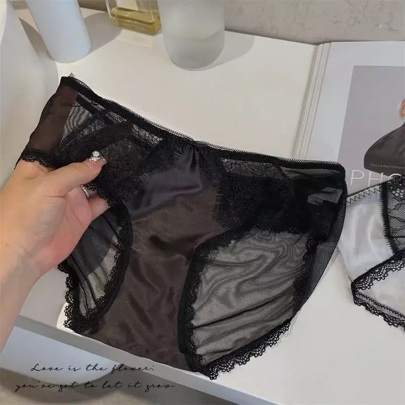New Fashion High-end Satin Lace Panties Women Feel Low Mid-waist Pure Cotton Crotch Women Briefs