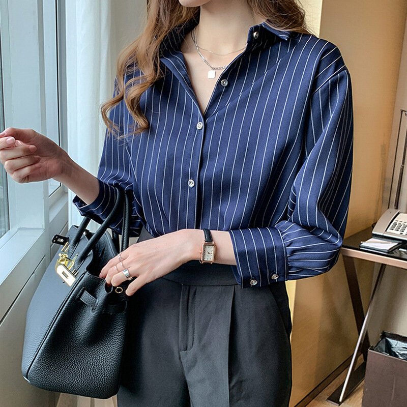 Classic Striped Shirts Women Spring Autumn Polo-neck Single-breasted Long Sleeve Cardigan Blouse Fashion Office Shirt Top Women