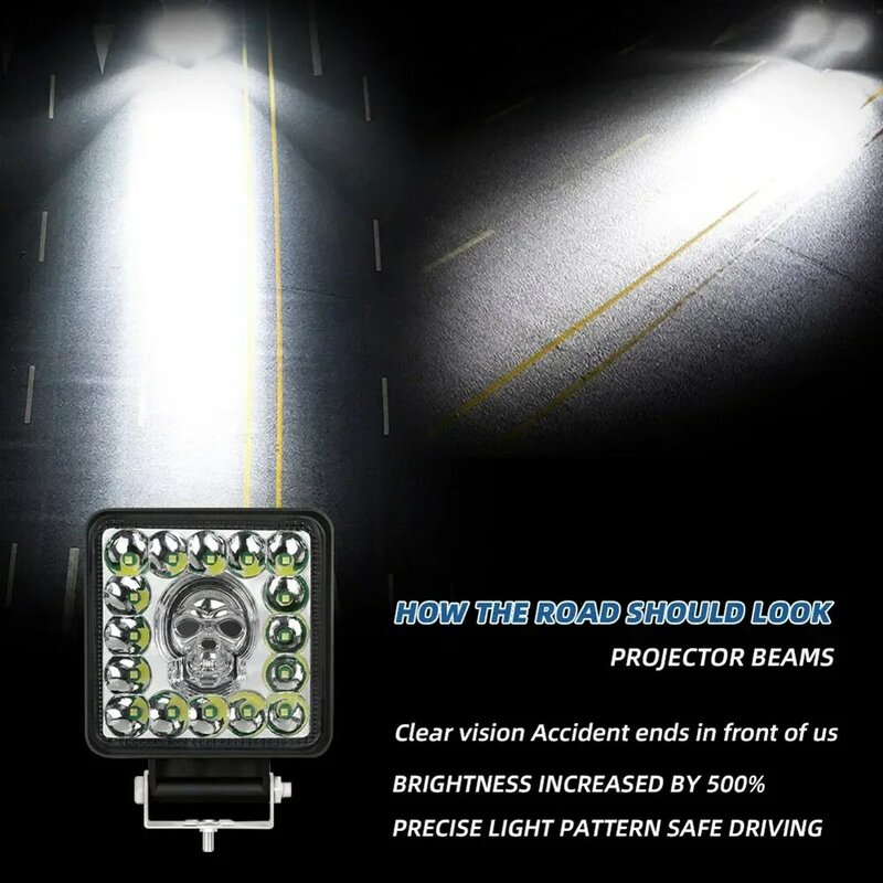 Cool Squared Skull Car Headlight luce da lavoro luminosità personalizzata lampada da guida universale per auto da moto 16 LED guscio in alluminio