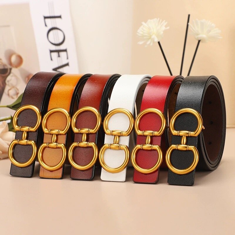 Double Ring Luxury Belt For Women Gold Metal Buckle Genuine Leather Ladies Girdle Female Coat Dresses Jeans Adjustable Waistband