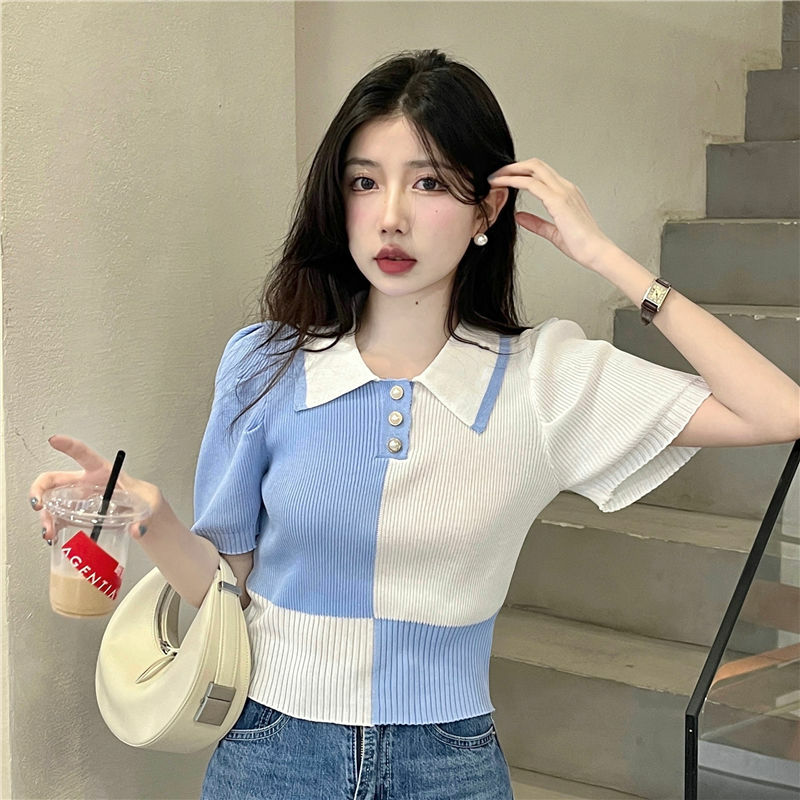 T-shirt Polo corta lavorata a maglia a maniche corte estiva da donna con Top rosa coreano sottile 2024 nuovo