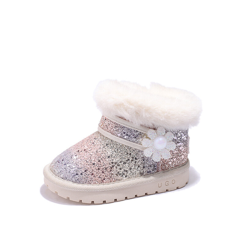 Botas de neve curtas de veludo antiderrapante infantil, sapatos de algodão quente, sapatos femininos para bebês, meninas, inverno, novo, 2024
