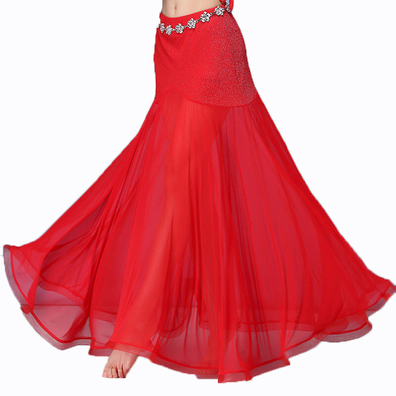 Серебристая шелковая Лоскутная сетчатая юбка для танца живота, женская одежда, костюм, наряд, длинная юбка рыбий хвост, одежда для взрослых, черная, красная