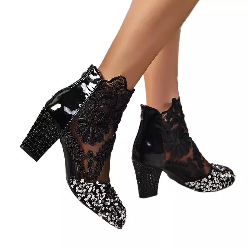 Scarpe alla moda per le donne stivali da donna con cerniera autunno punta a punta paillettes pizzo barile corto tacchi grossi stivali femminili di grandi dimensioni