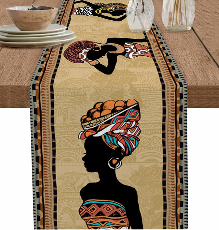 عدائين طاولة امرأة عرقية بوهو الأفريقي ، وشاح فستان كتان ، عدائين طاولة طعام في مزرعة ، ديكور حفلة عطلة