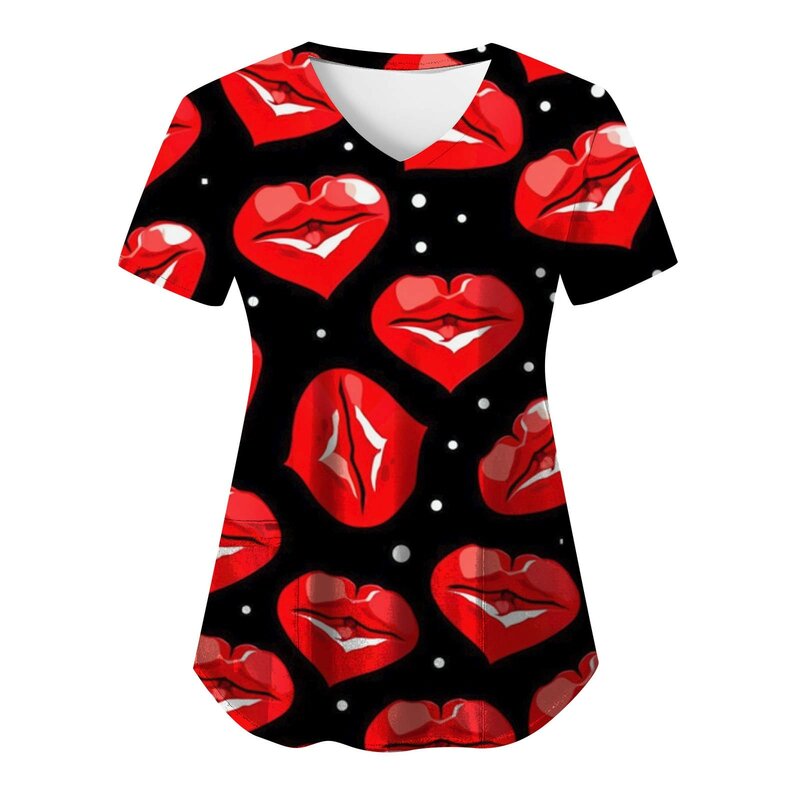 Women's V Neck Casual Nursing Clothing Valentine's Day Love Pattern Printing Overalls Short Sleeved Loose Ladies T Shirt