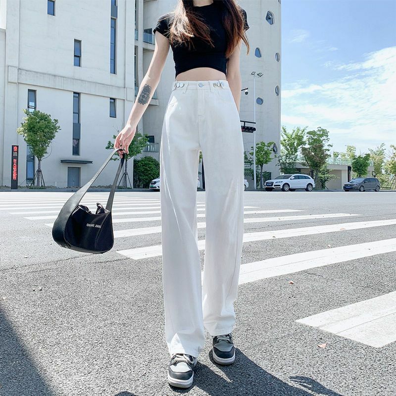 Light Colored Wide Leg Jeans 2024 Spring New High Waisted Loose and Slimming Straight Leg Versatile Drape Pants
