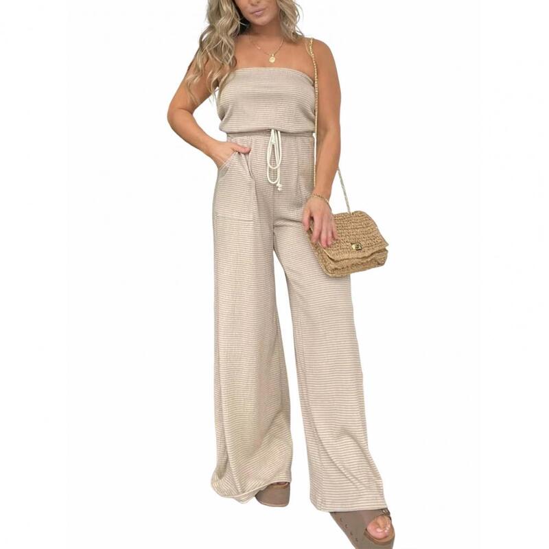Backless Jumpsuit Striped Print Off Shoulder Jumpsuit with Side Pockets for Women Wide Leg Drawstring High Waist Vacation