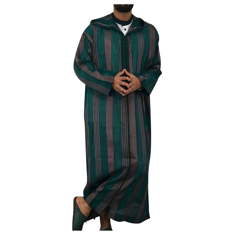 Veste árabe islâmica masculina, com capuz, listrado, zíper, veste muçulmana, casual streetwear solto, outono