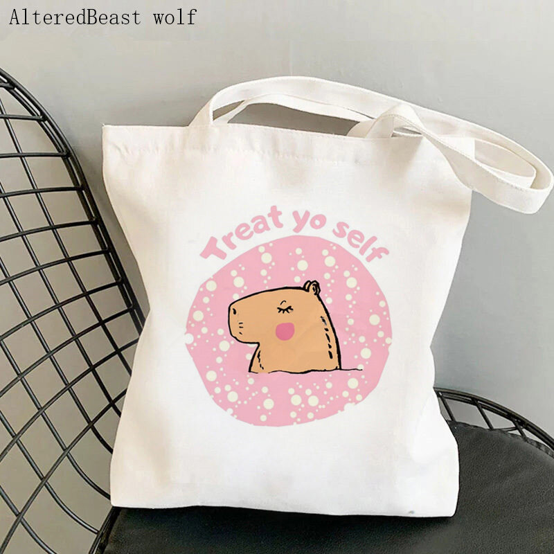 Women Shopper bag Treat yo self cute capybar Kawaii Bag Harajuku Shopping Canvas Shopper Bag girl handbag Tote Shoulder Lady Bag