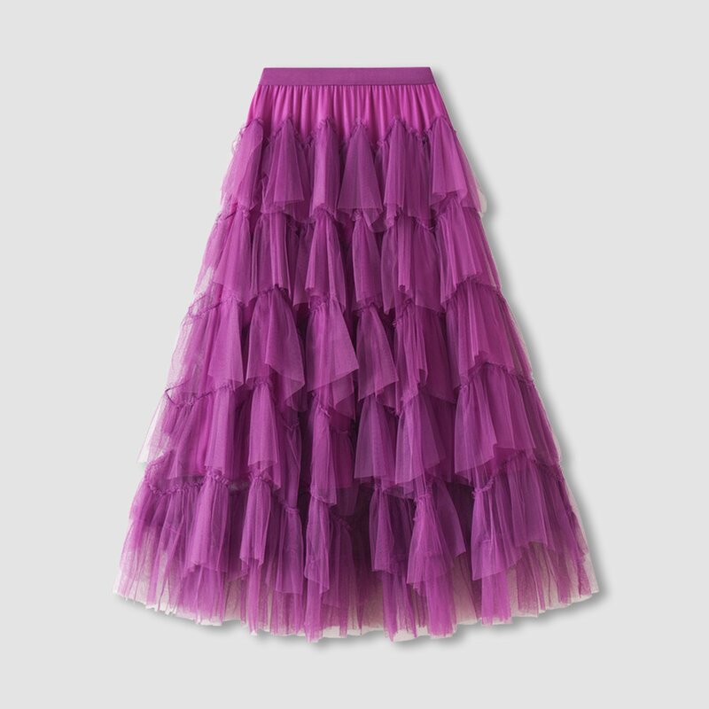 Casual Womens Solid Ball Gown Long Skirt Tulle High Waist Pleated Elegant Ladies Wild Mesh Dating Maxi Skirts Clean Wear 2024