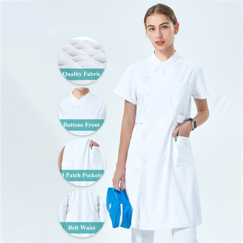 Платья для медсестер, униформа для кормления, белые скрабы, винтажное Однотонное Платье До Колена, пояс, короткий/длинный рукав, медицинский костюм для больницы 801