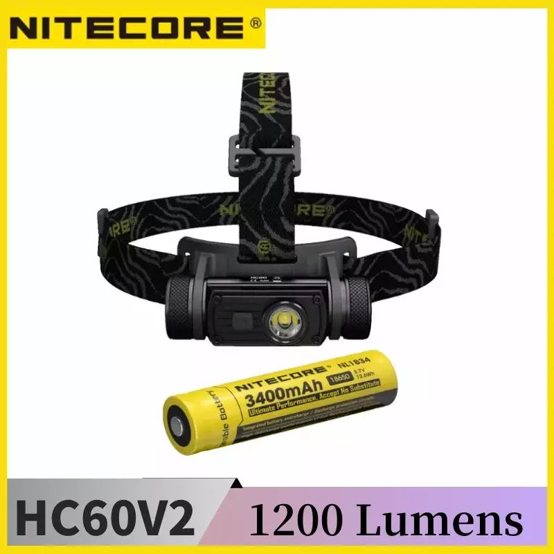 NITECORE-faro recargable por USB-C HC60 V2, 1200 lúmenes, LED P9, alcance de 130 metros con batería de 18650 3400mAh