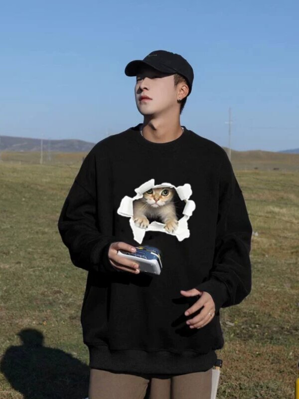 Sweatshirt pria muda trendi Kawaii kucing musim semi musim gugur longgar leher O gaya Jepang remaja pakaian kasual harian