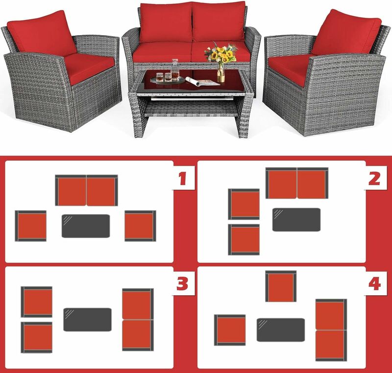Set di mobili da giardino da 4 pezzi, Set di conversazione in Rattan PE per esterni con divanetto, tavolino da caffè in vetro, cuscini, Set di divani componibili