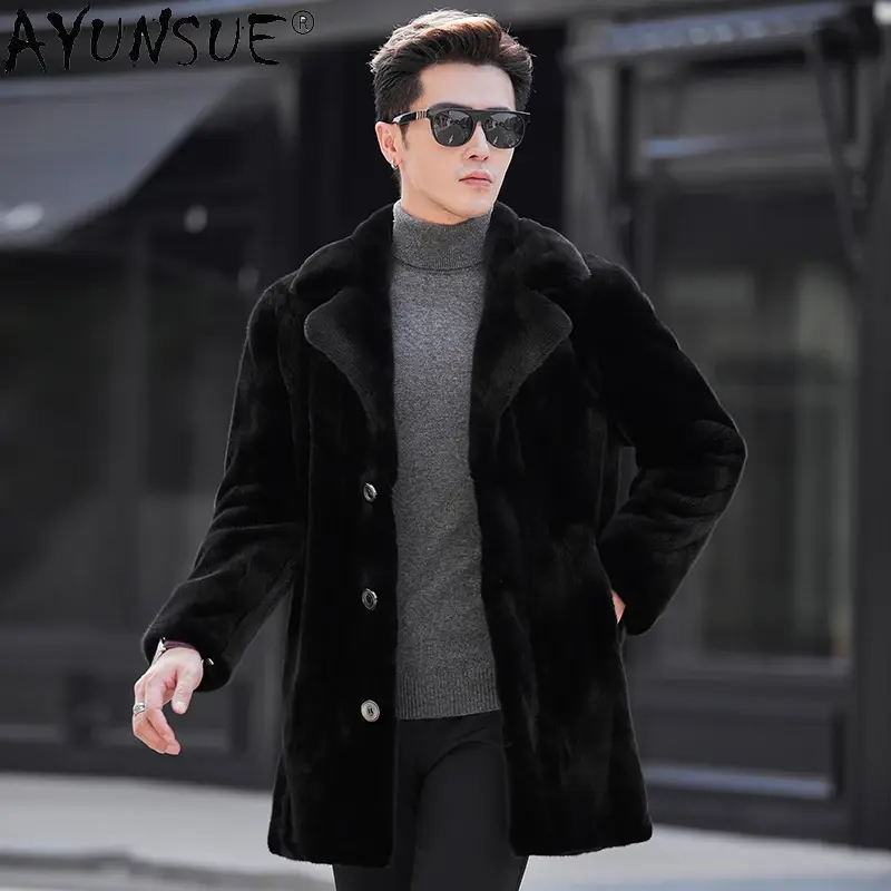 AYUNSUE High-end Natural Fur Coat Mink Jackets for Men 2023 Winter Mid-length Real Mink Fur Jacket Suit Collar Casual Streetwear