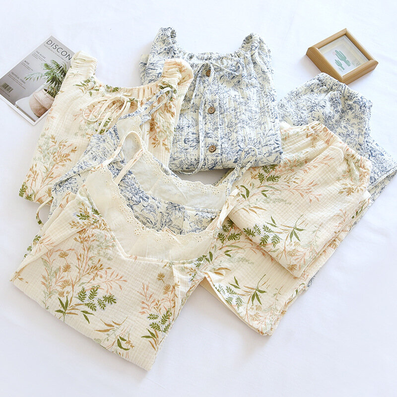 Pijamas de tres piezas de crepé de algodón para mujer, Top de manga larga, tirantes y pantalones, ropa de estar por casa suelta, primavera y otoño