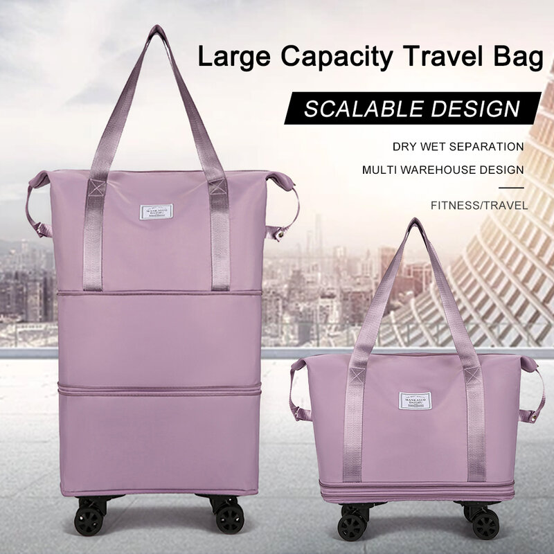 Tas koper lipat Unisex, tas koper lipat, tas Duffle gulung dengan roda, kapasitas besar, pakaian dalam pemisah kering, tas perjalanan bisnis, Unisex