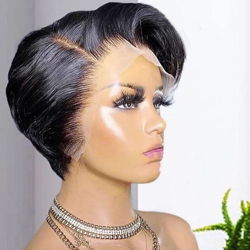 Parrucca Pixie Cut parrucche di capelli umani in pizzo trasparente per le donne parrucca corta diritta parrucca in pizzo con parte a T Prepluck capelli umani brasiliani