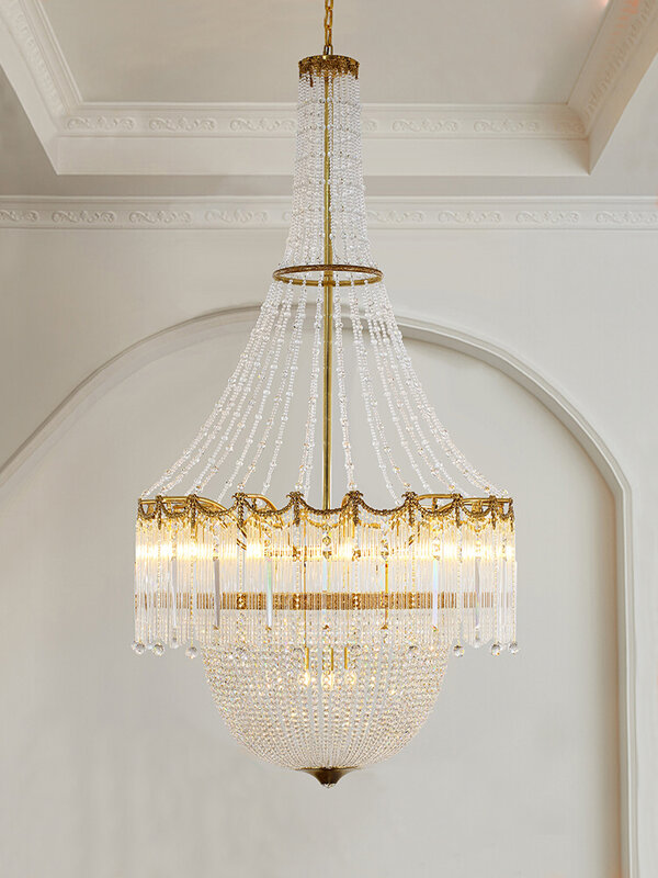 Длинная люстра из меди в европейском стиле, креативная роскошная хрустальная лампа для гостиной с французской лестницей, дуплексное здание